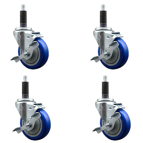 Service Caster 4'' SS Blue Poly Swivel 1'' Expanding Stem Caster Set with Brake, 4PK SCC-SSEX20S414-PPUB-BLUE-TLB-1-4 - main